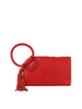 The Braided Handle Wristlet Clutch in red faux leather features a large braided circular handle, matching red tassel, gold-tone accents, and convenient credit card slots, all shown on a plain white background.