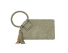 The Braided Handle Wristlet Clutch is a light gray faux leather bag with a smooth finish, large braided circular strap, matching tassel, zip closure, and interior credit card slots for organization.