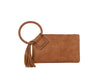 The Braided Handle Wristlet Clutch is a brown leather bag with a circular braided handle, large tassel, and zip pocket, shown against a white background.