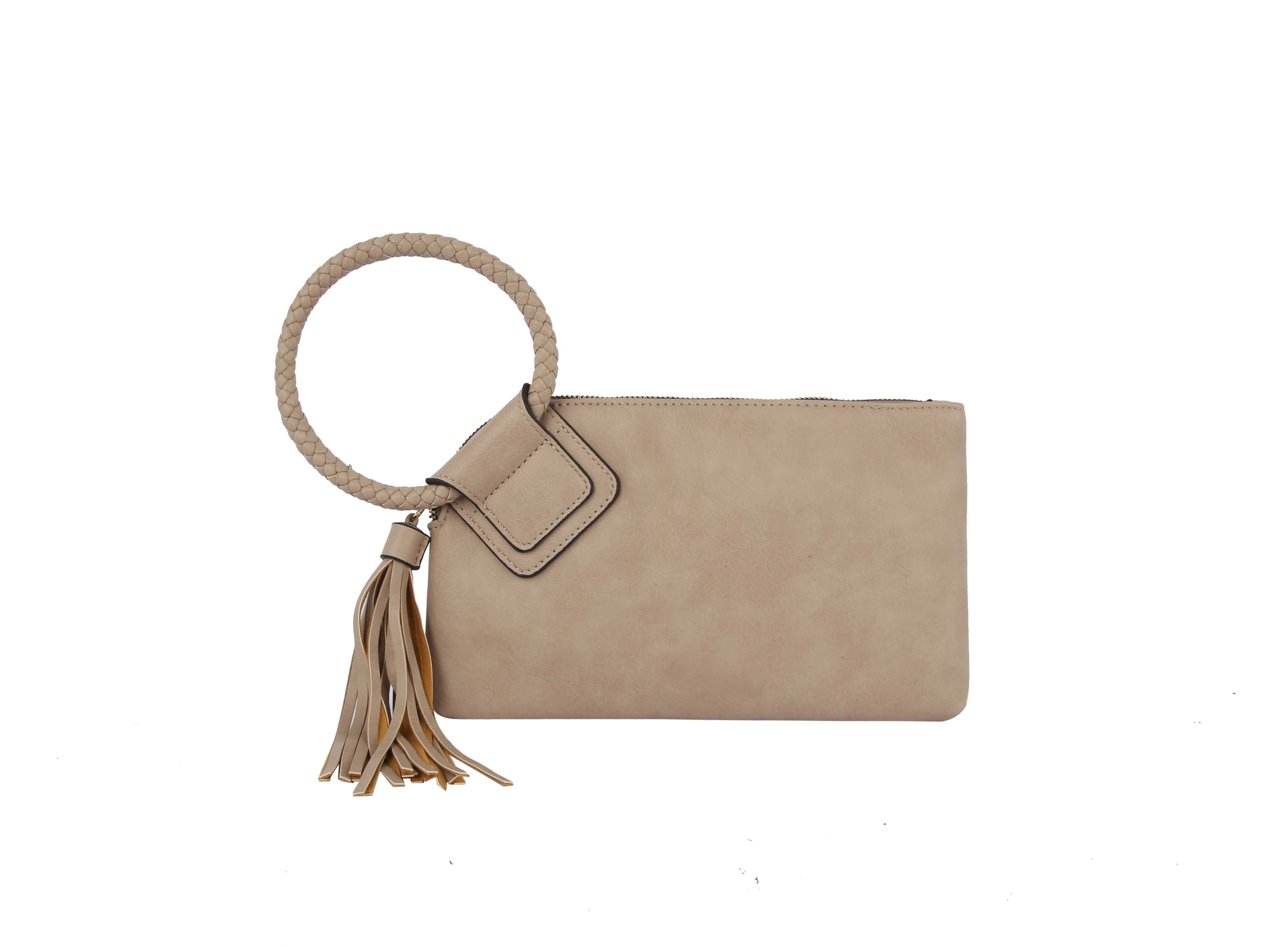 The Braided Handle Wristlet Clutch is a beige faux leather purse with a zipper closure, braided circular wrist strap, matching tassel, minimalist design, and credit card slots for extra functionality.