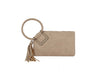 The Braided Handle Wristlet Clutch is a beige faux leather purse with a zipper closure, braided circular wrist strap, matching tassel, minimalist design, and credit card slots for extra functionality.