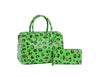 The Leopard Art Print Satchel Handbag Set includes a green faux patent leather satchel with bold black and brown leopard print plus a matching wallet, both with gold-tone zippers and hardware, displayed on a white background.