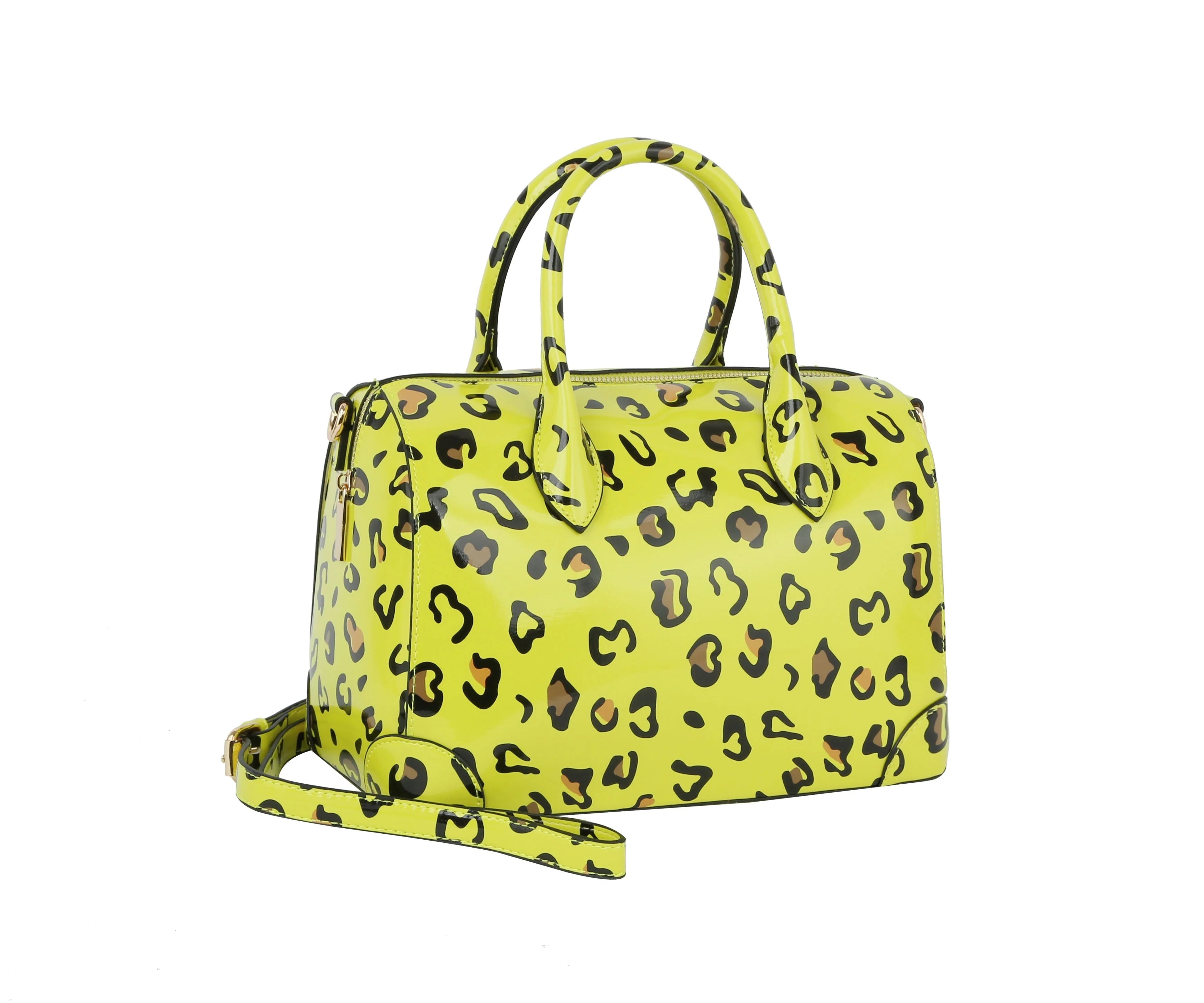 The Leopard Art Print Satchel Handbag Set features a yellow faux patent leather satchel with black and brown leopard spots, two handles, a detachable shoulder strap, and includes a matching wallet. Displayed on a white background.