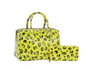 The Leopard Art Print Satchel Handbag Set features a bright yellow faux patent leather satchel with black and brown leopard print, gold-tone hardware, and a matching zippered wallet, shown on a white background.