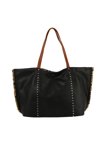 Leopard Trim Slouch Tote Handbag