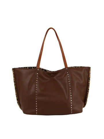 Leopard Trim Slouch Tote Handbag