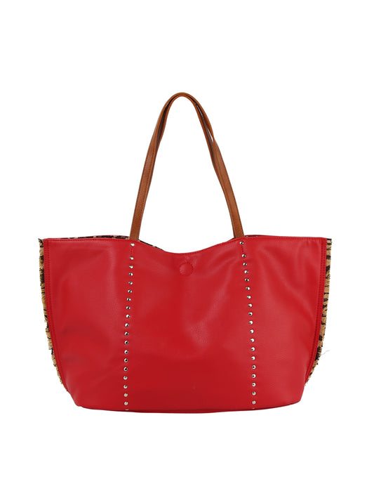 A large red Leopard Trim Slouch Tote Handbag with brown handles, silver studs running vertically on the front, and textured side panels.
