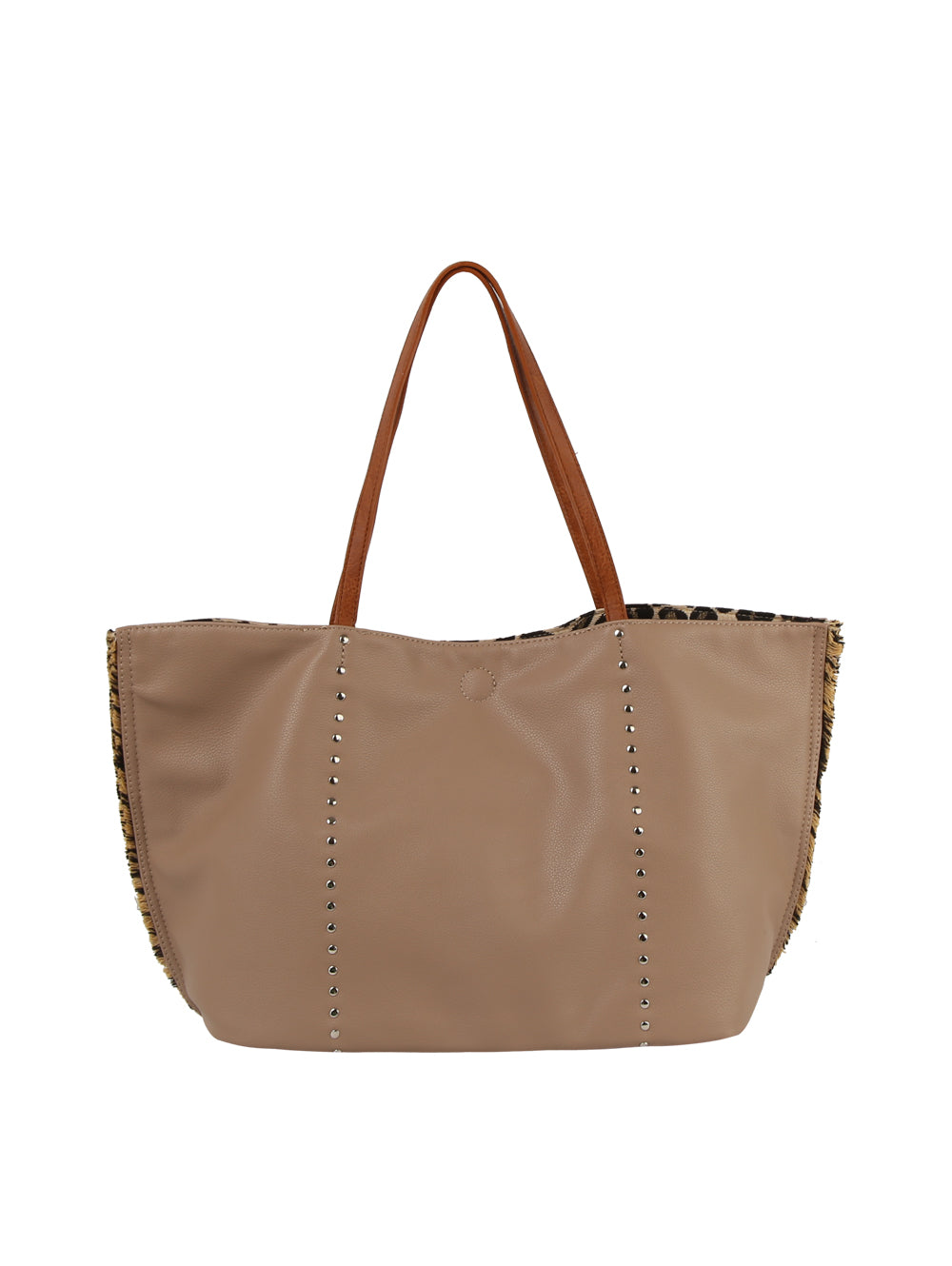 The Leopard Trim Slouch Tote Handbag is a large beige faux leather bag with brown handles, silver studs in vertical rows on the front, and leopard print trim along the side edges.