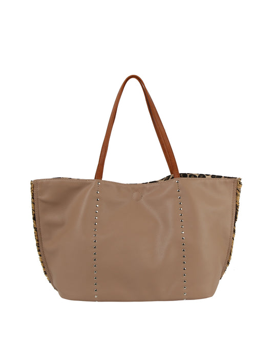 Leopard Trim Slouch Tote Handbag