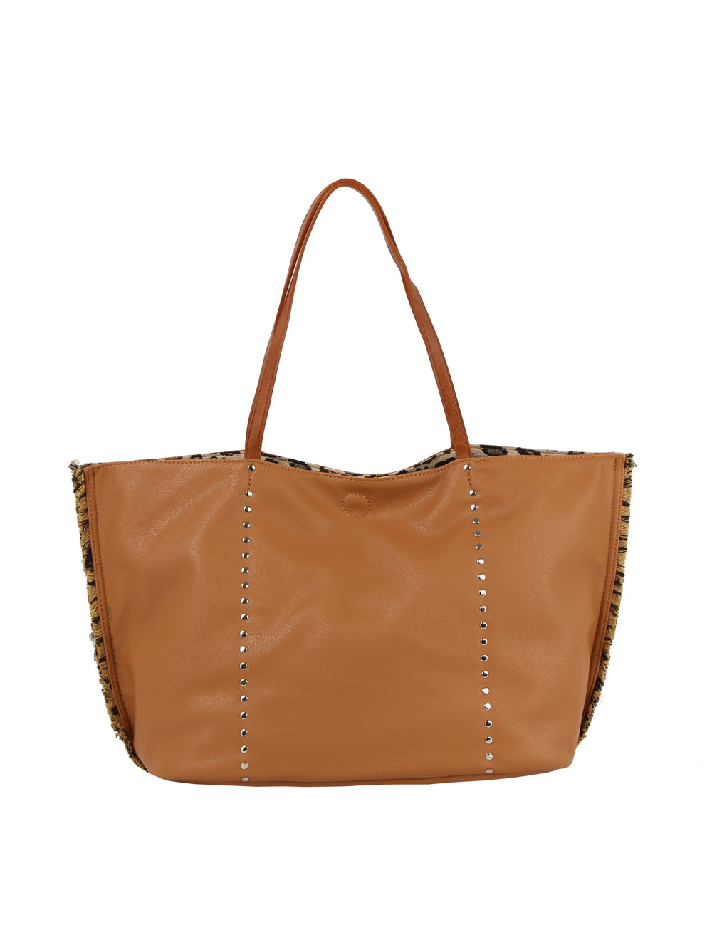 The Leopard Trim Slouch Tote Handbag features a spacious brown faux leather design, double handles, silver studs down the front, and bold leopard print accents along the edges.