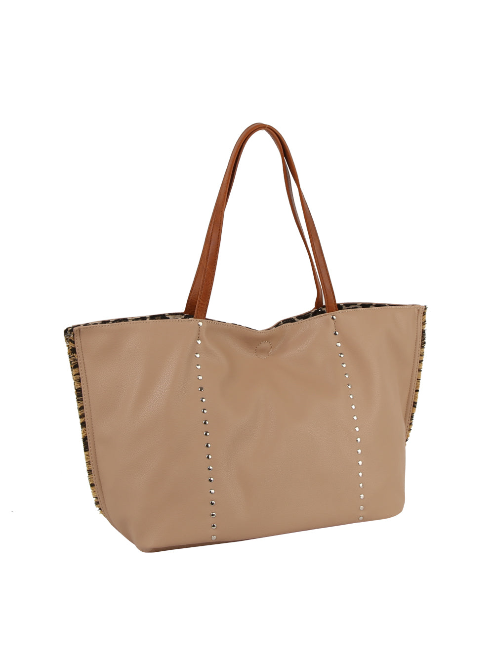 The Leopard Trim Slouch Tote Handbag is a spacious beige faux leather bag featuring brown handles, studded vertical accents on the front, and bold leopard print trim along the sides.