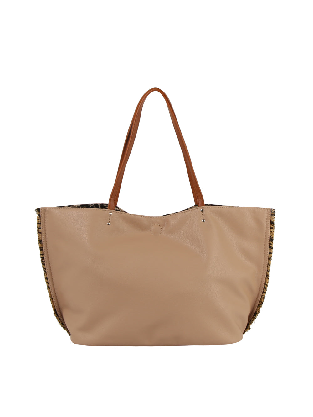 The Leopard Trim Slouch Tote Handbag is a spacious beige faux leather bag with two brown shoulder straps and decorative leopard print trim along the sides, shown against a white background.