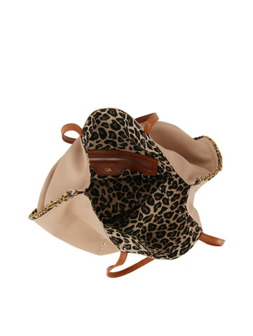 Leopard Trim Slouch Tote Handbag