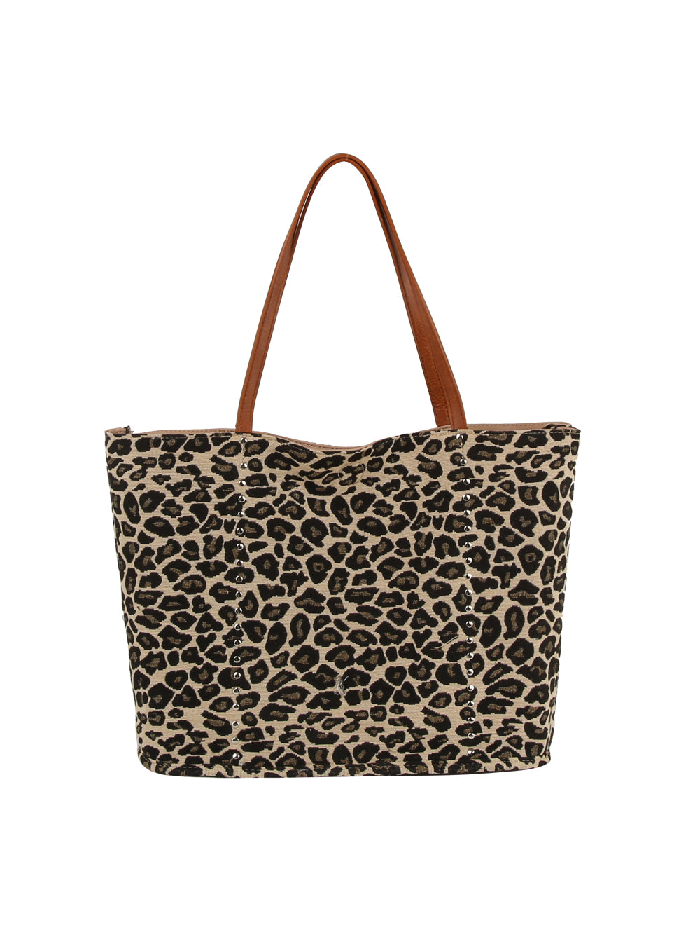 The Leopard Trim Slouch Tote Handbag is a spacious faux leather bag with brown handles, bold black and tan leopard print, and metal stud accents along the front edges for stylish flair.