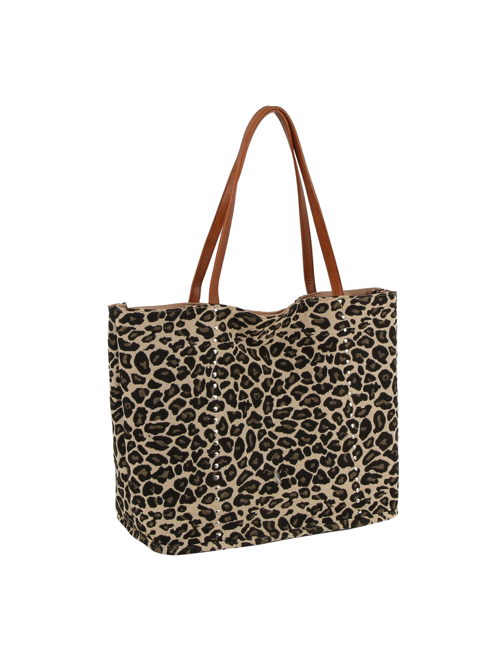 The Leopard Trim Slouch Tote Handbag features brown handles and a reversible black and tan leopard print. This spacious, rectangular faux leather bag is both stylish and practical—ideal for carrying all your essentials.