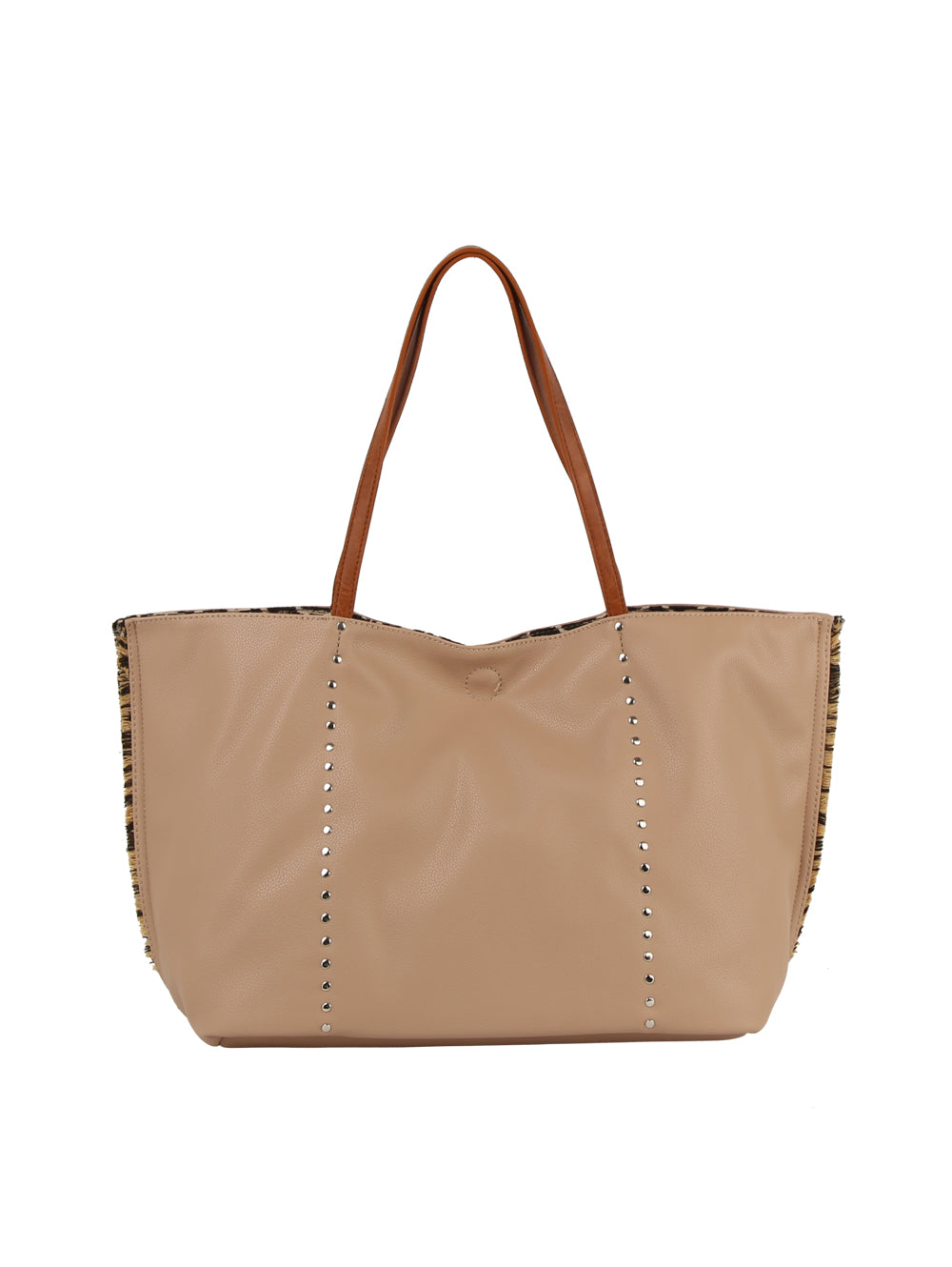 The Leopard Trim Slouch Tote Handbag features brown shoulder straps, silver stud accents on vertical seams, and textured leopard print details on the sides, all in beige faux leather against a white backdrop.