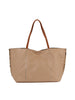 The Leopard Trim Slouch Tote Handbag features brown shoulder straps, silver stud accents on vertical seams, and textured leopard print details on the sides, all in beige faux leather against a white backdrop.
