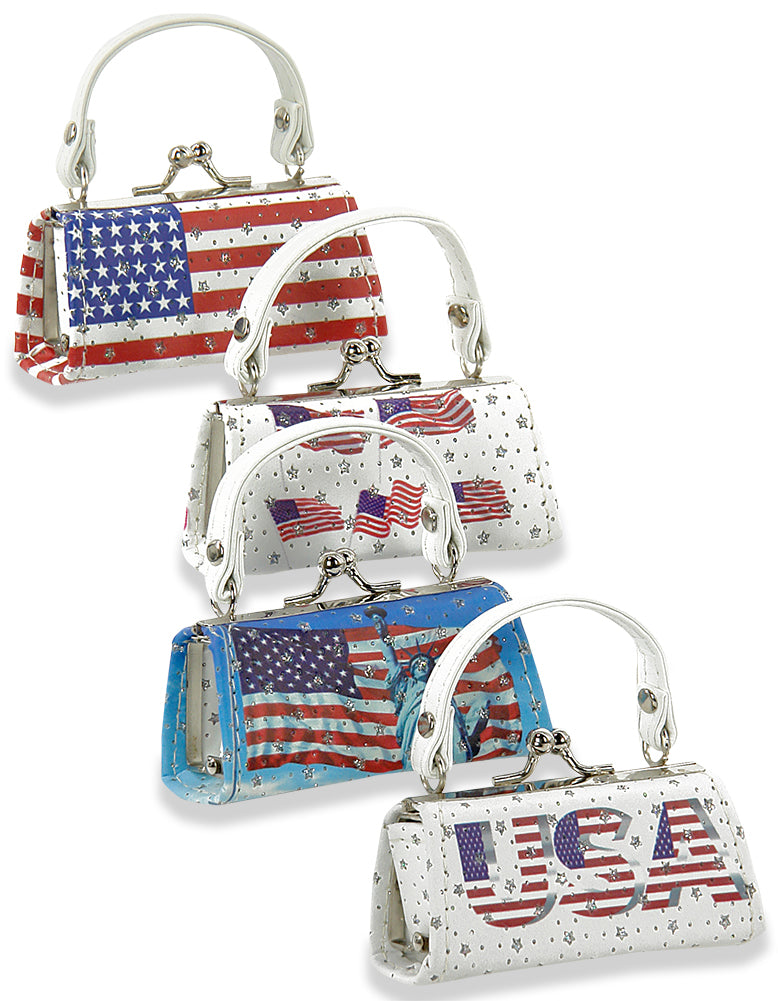 Four American Flag Lipstick Case Assorted Set pieces in faux leather, with white handles and patriotic designs—U.S. flag, Statue of Liberty, and USA text—are displayed in a staggered row on a white background.