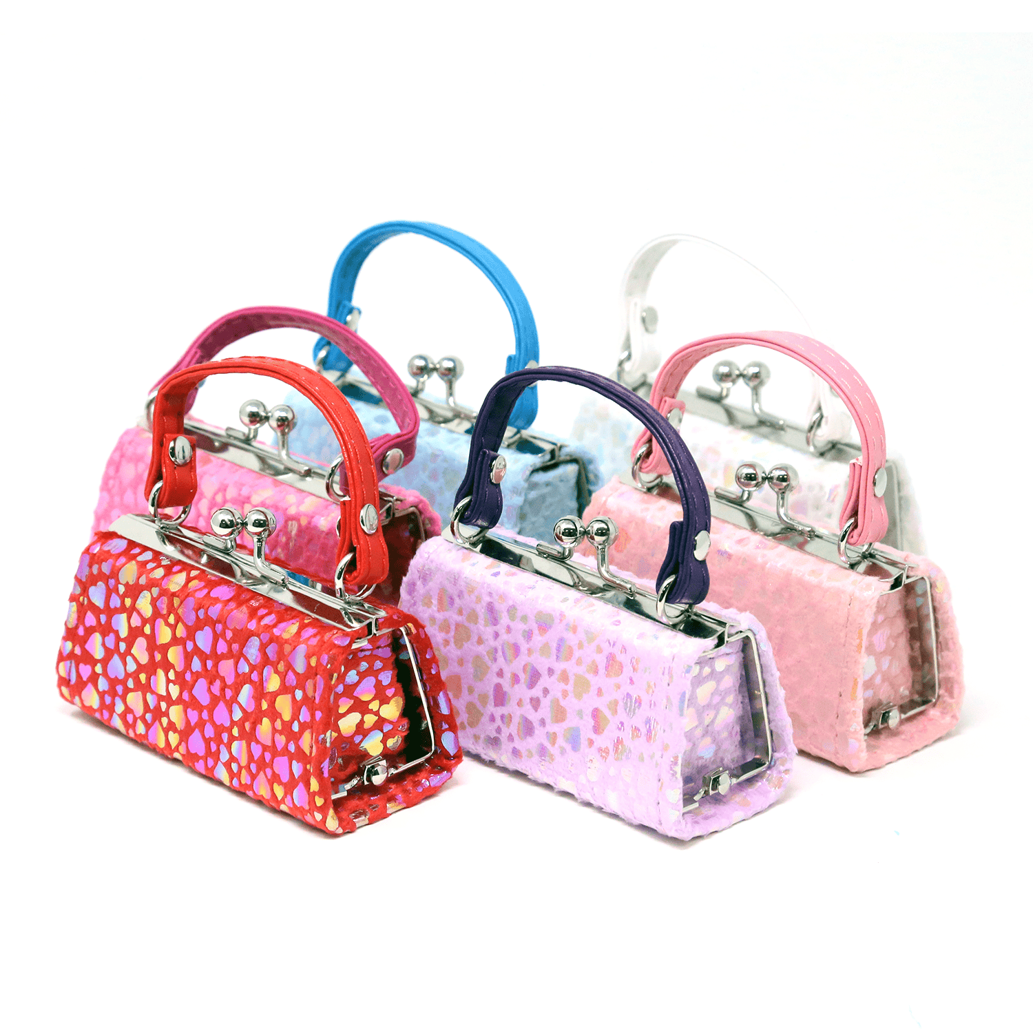 Five small, rectangular Iridescent Hearts Design Lipstick Cases with A-frame clasps and handles are arranged in two rows, featuring assorted pink, purple, blue, and red glossy faux leather patterns.