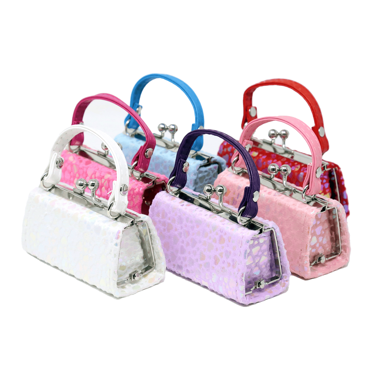 Five iridescent hearts design lipstick cases, each with a textured faux leather finish and A-frame clasp, in white, blue, purple, red, and pink are arranged as an assorted set on a white background.