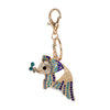 The Colorful Rhinestone Fish Purse Charm features gold detailing, blue, teal, and clear rhinestones, plus a lobster clasp and keyring—ideal as a sparkling handbag charm or stylish bag accessory.