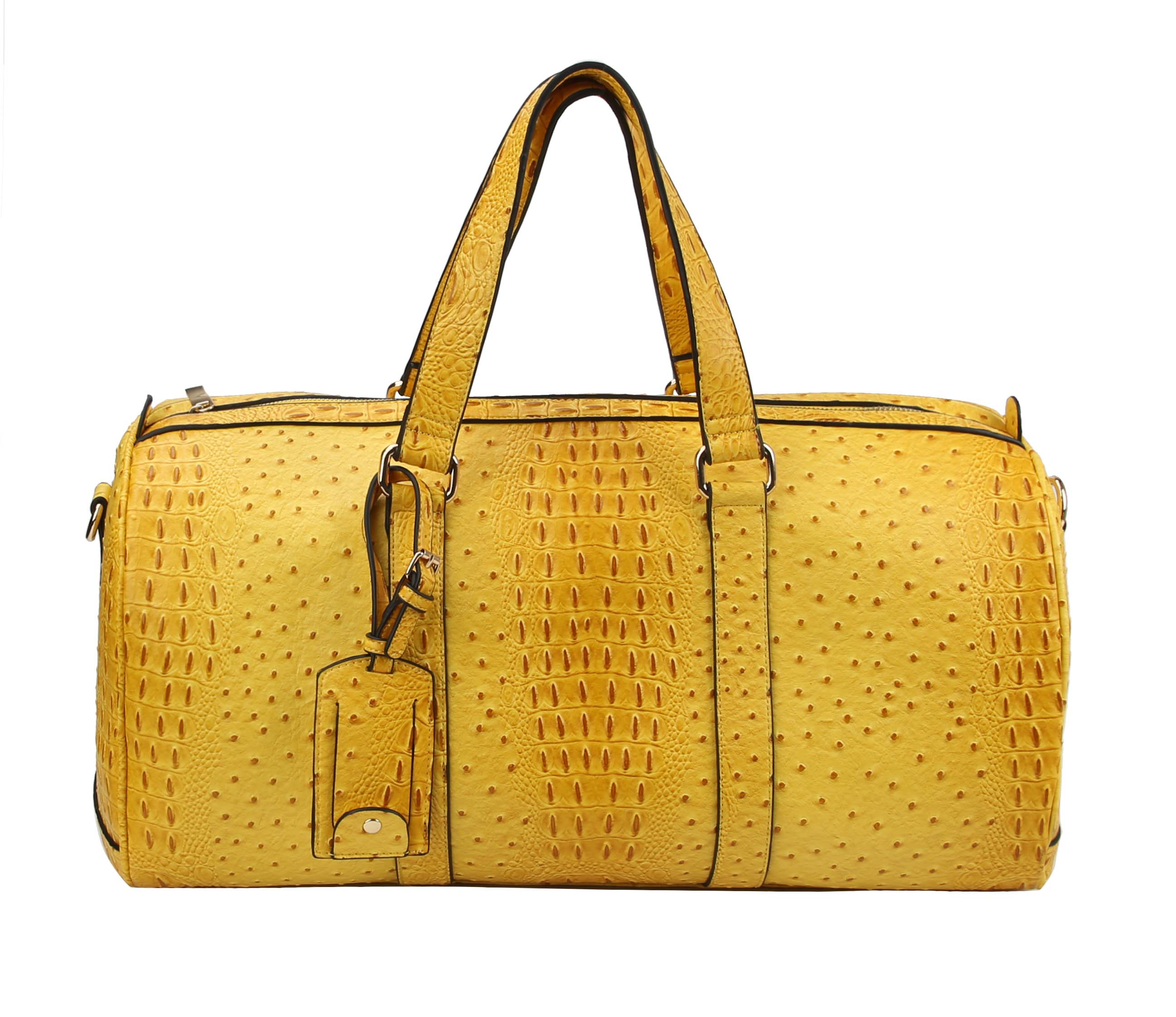 The Large Alligator Embossed Duffle Set is a yellow faux leather travel bag with an alligator-patterned surface, two top handles, a luggage tag, and a zipper closure.