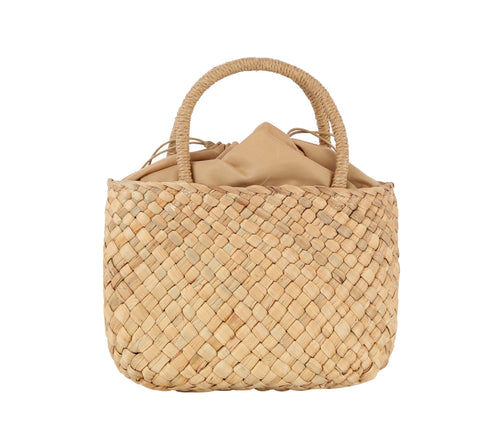 Drawstring Top Straw Tote Handbag