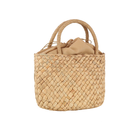 Drawstring Top Straw Tote Handbag