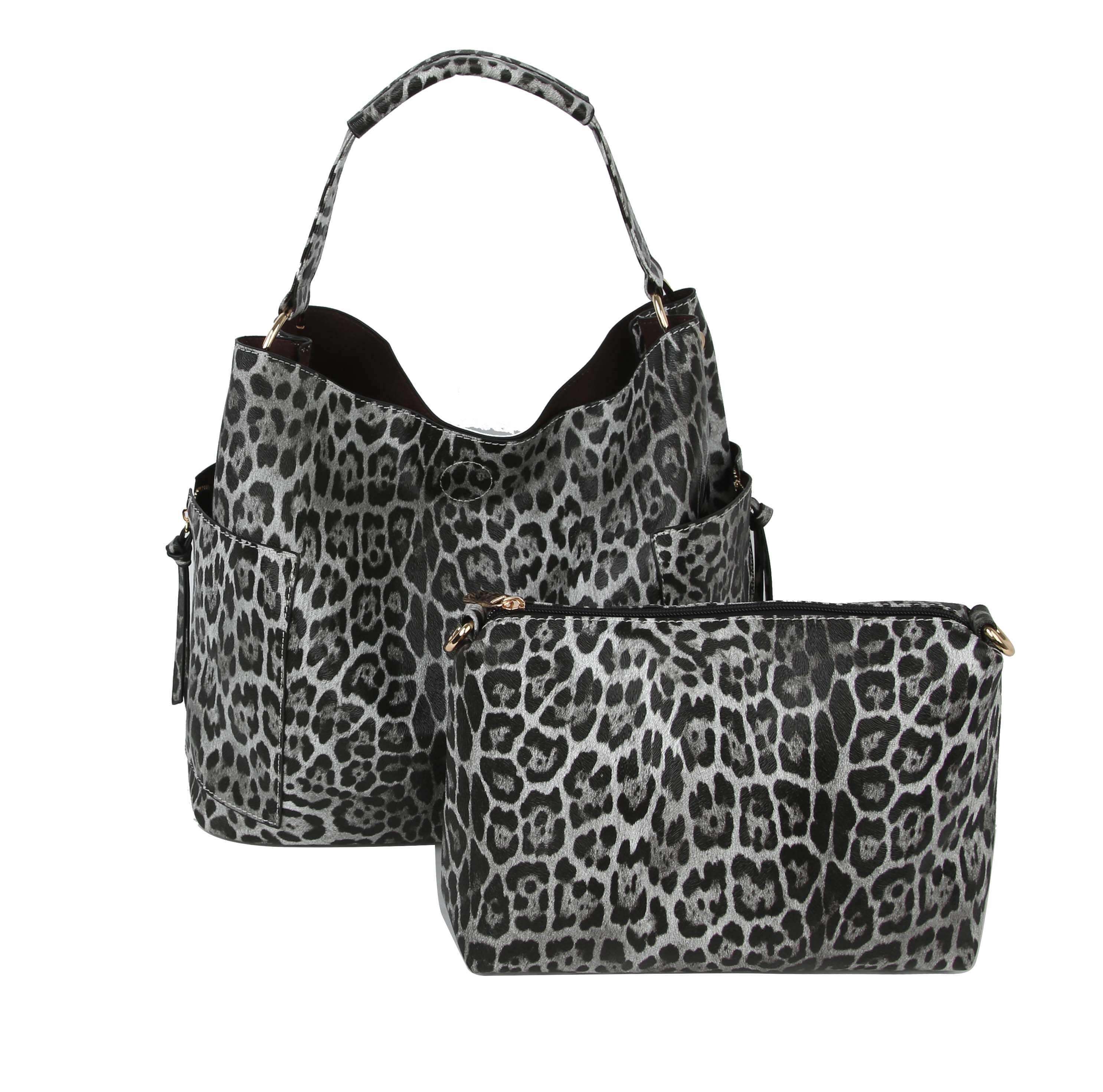 The Animal Print Hobo Handbag Set features two matching faux leather bags in gray and black leopard print—a large single-strap hobo handbag with side pockets and a matching clutch—shown on a white background.