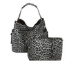 The Animal Print Hobo Handbag Set features two matching faux leather bags in gray and black leopard print—a large single-strap hobo handbag with side pockets and a matching clutch—shown on a white background.