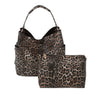 The Animal Print Hobo Handbag Set includes a large faux leather bag with side pockets, a single strap, and a matching clutch, both showcasing a bold leopard print pattern.