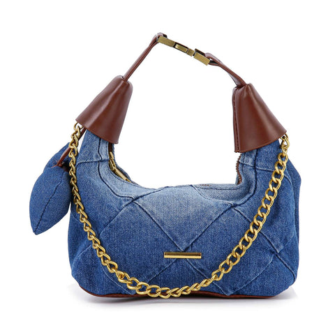 Classy Chain Accented Denim Petite Hobo Handbag