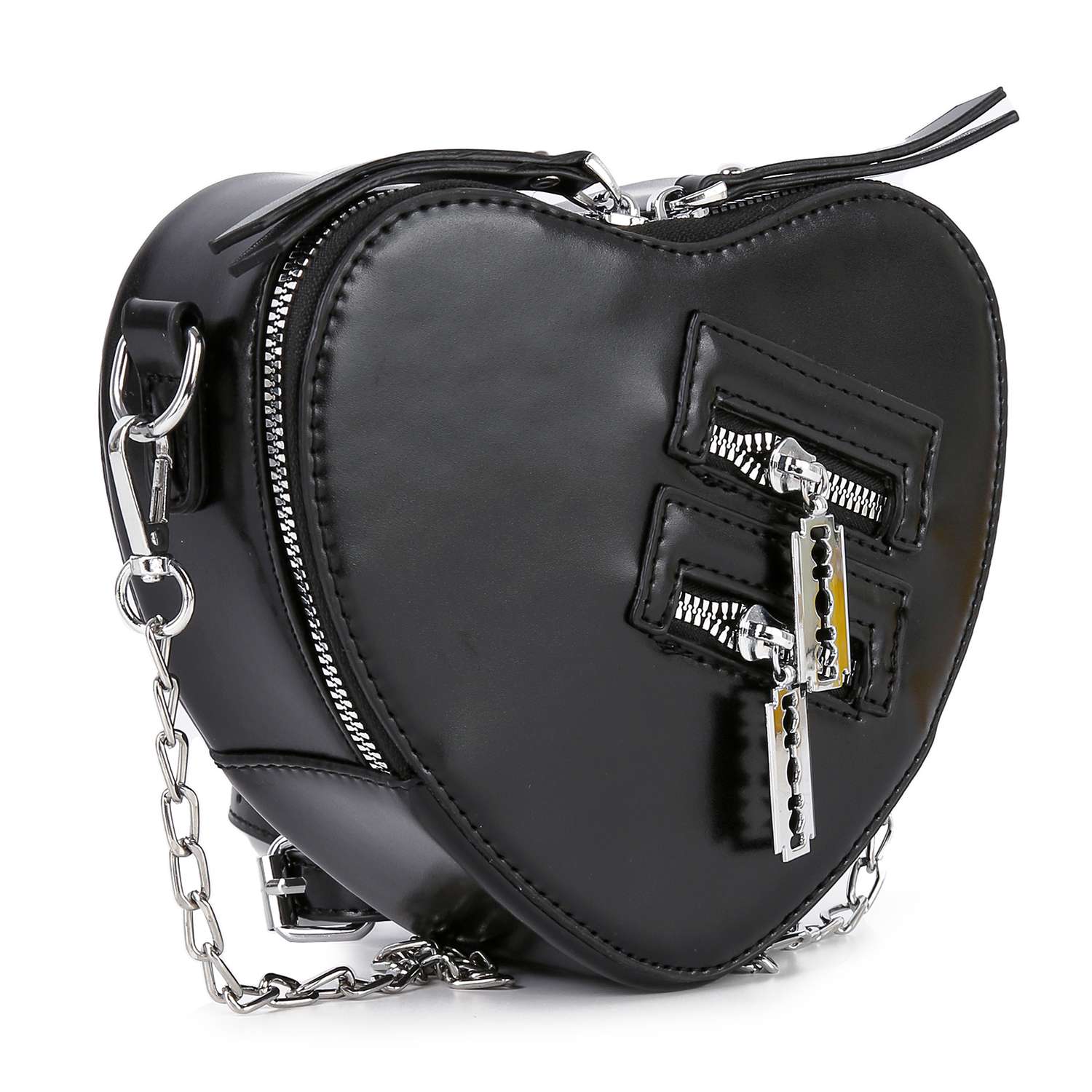 The Modern Heart Petite Shoulder Bag features a black heart design, silver zippers, chain strap, decorative front zipper accents, and a shiny faux leather finish for a chic, edgy style.