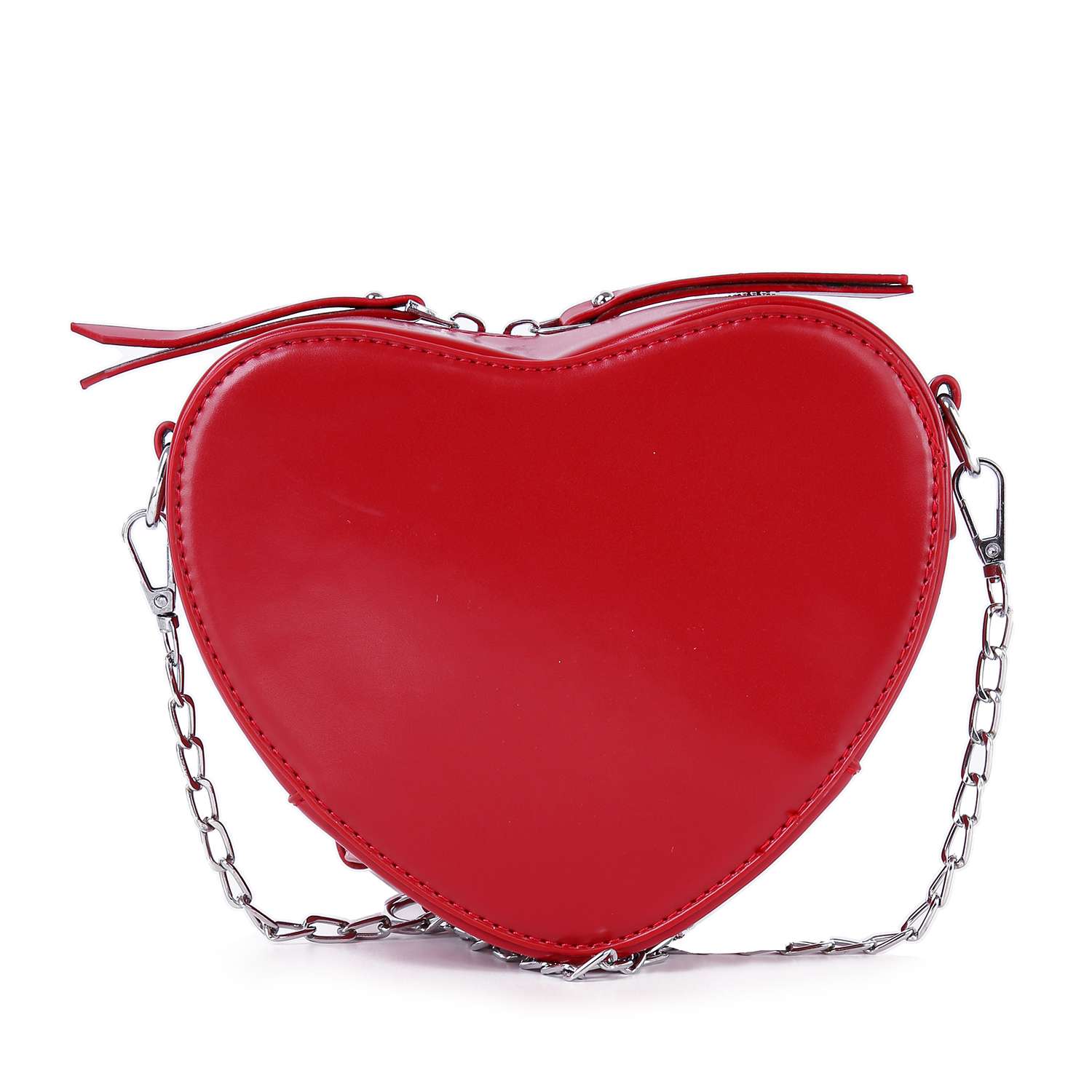 The Modern Heart Petite Shoulder Bag is a red, heart-shaped faux leather purse featuring a silver chain strap and zipper closure, shown on a white background.