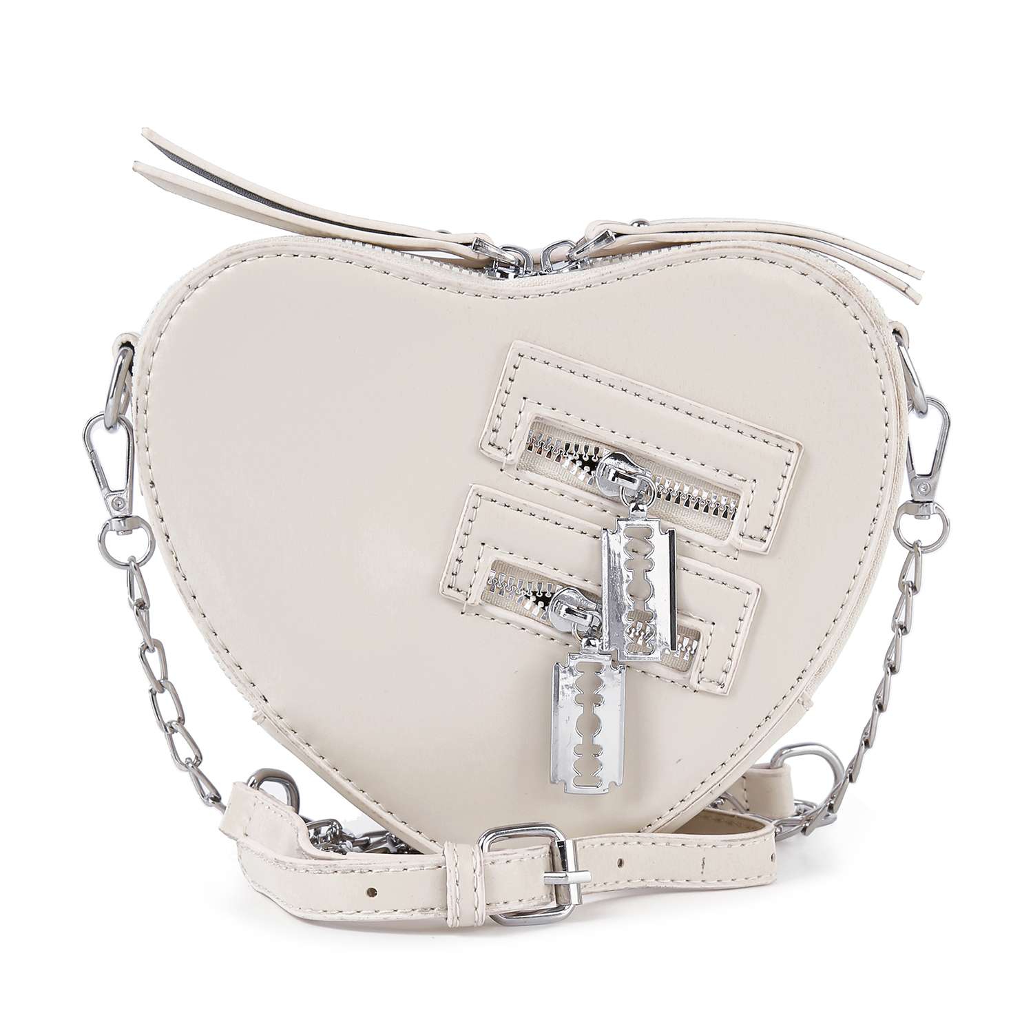 The Modern Heart Petite Shoulder Bag is a glossy faux leather purse with silver chains, zipper accents, razor blade charms, and a detachable chain strap with buckle for versatile styling.