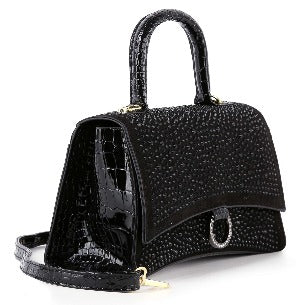 Rhinestone Accented Croc Embossed Hand Tote