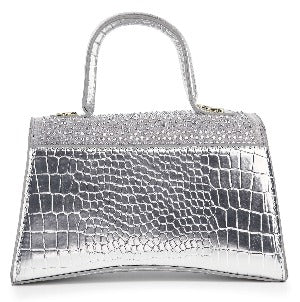 Rhinestone Accented Croc Embossed Hand Tote