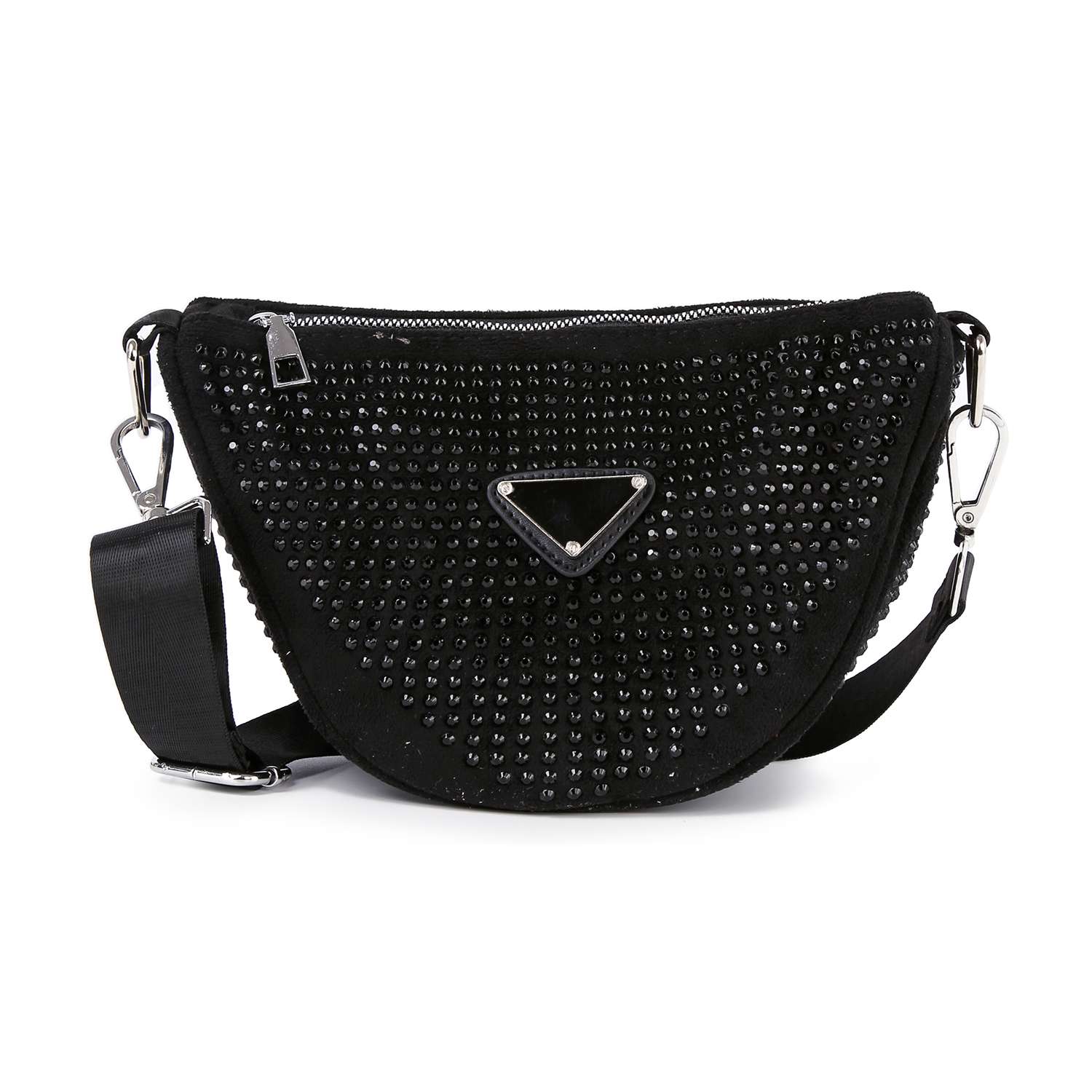 The Sparkling Rhinestone Crossbody Sling is a black half-moon faux leather bag with silver studs, a central triangular silver emblem, zipper closure, and an adjustable strap with silver clasps.