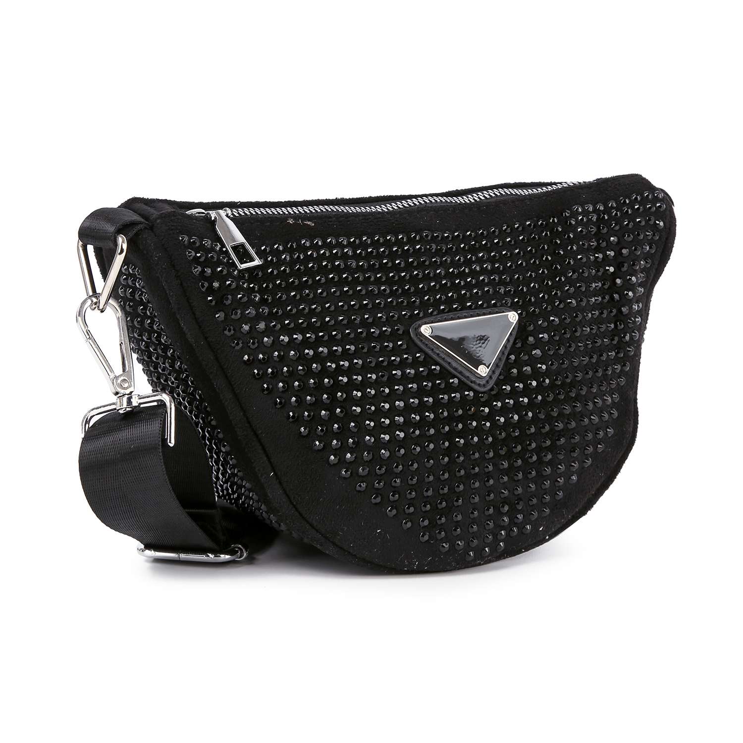 The Sparkling Rhinestone Crossbody Sling is a black faux leather bag with small black studs, a silver zipper, a triangular silver logo plate, and an adjustable strap with a silver clasp.
