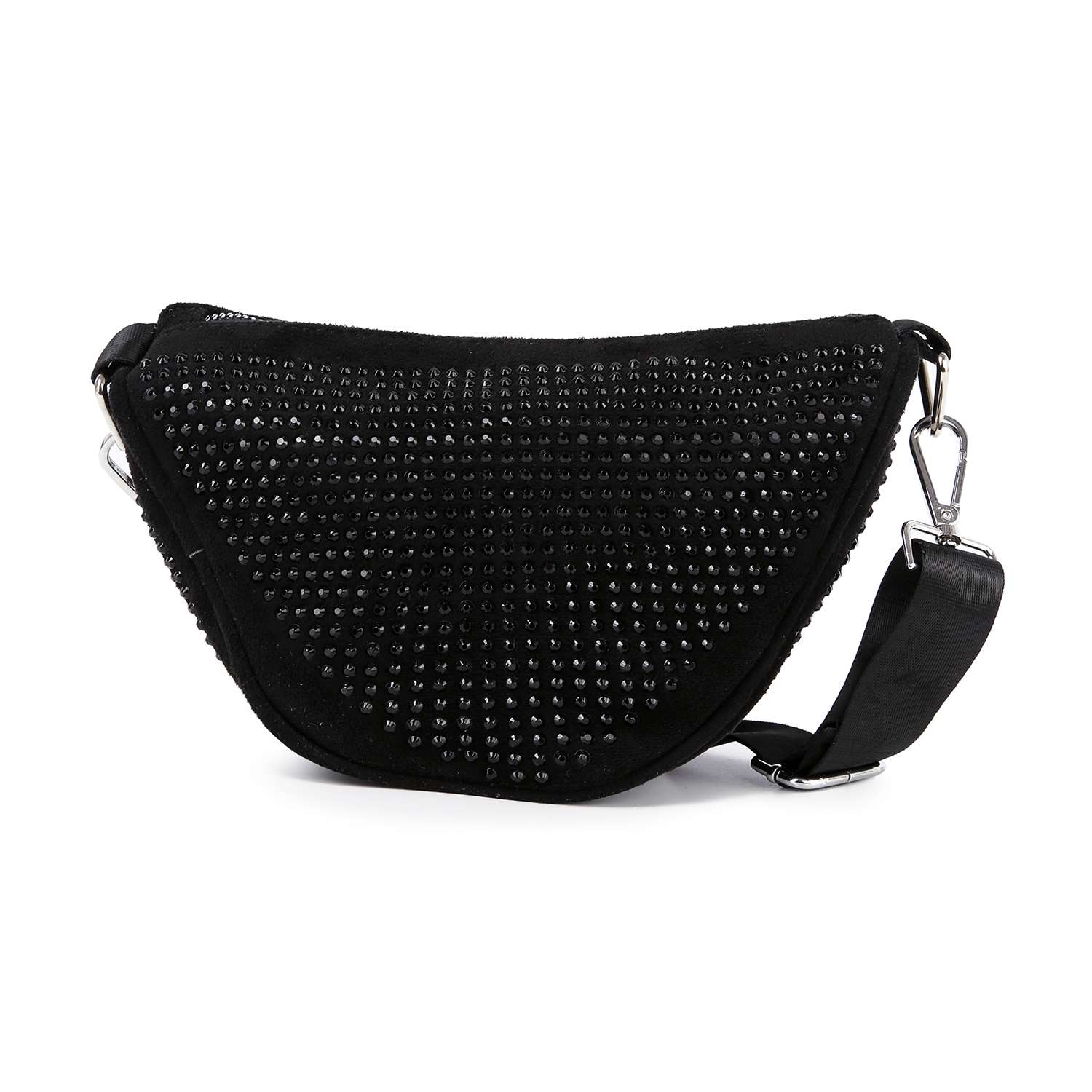 The Sparkling Rhinestone Crossbody Sling is a black, crescent-shaped faux leather bag with an adjustable strap and front covered in shiny rhinestone studs.