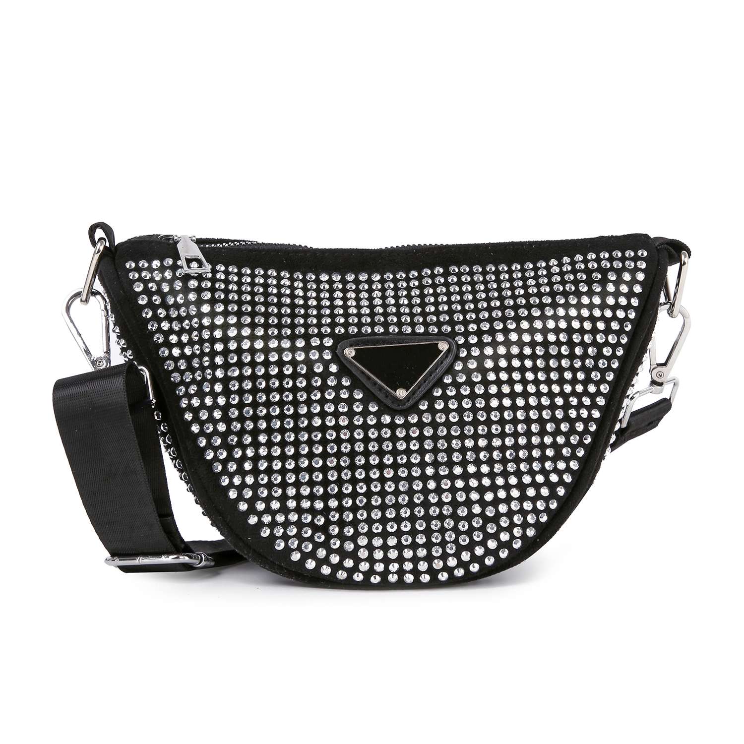 The Sparkling Rhinestone Crossbody Sling is a black faux leather bag with a wide adjustable strap, rows of rhinestones, and a triangular logo plate on the front.