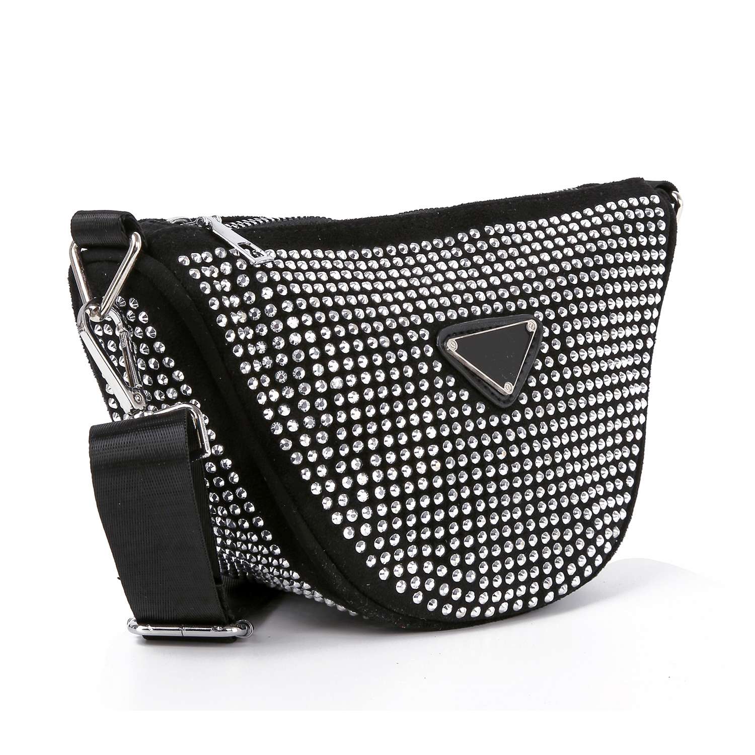 The Sparkling Rhinestone Crossbody Sling is a black gemstone-inspired bag adorned with small, shiny rhinestones, featuring a wide adjustable strap and a front silver triangular logo plate.