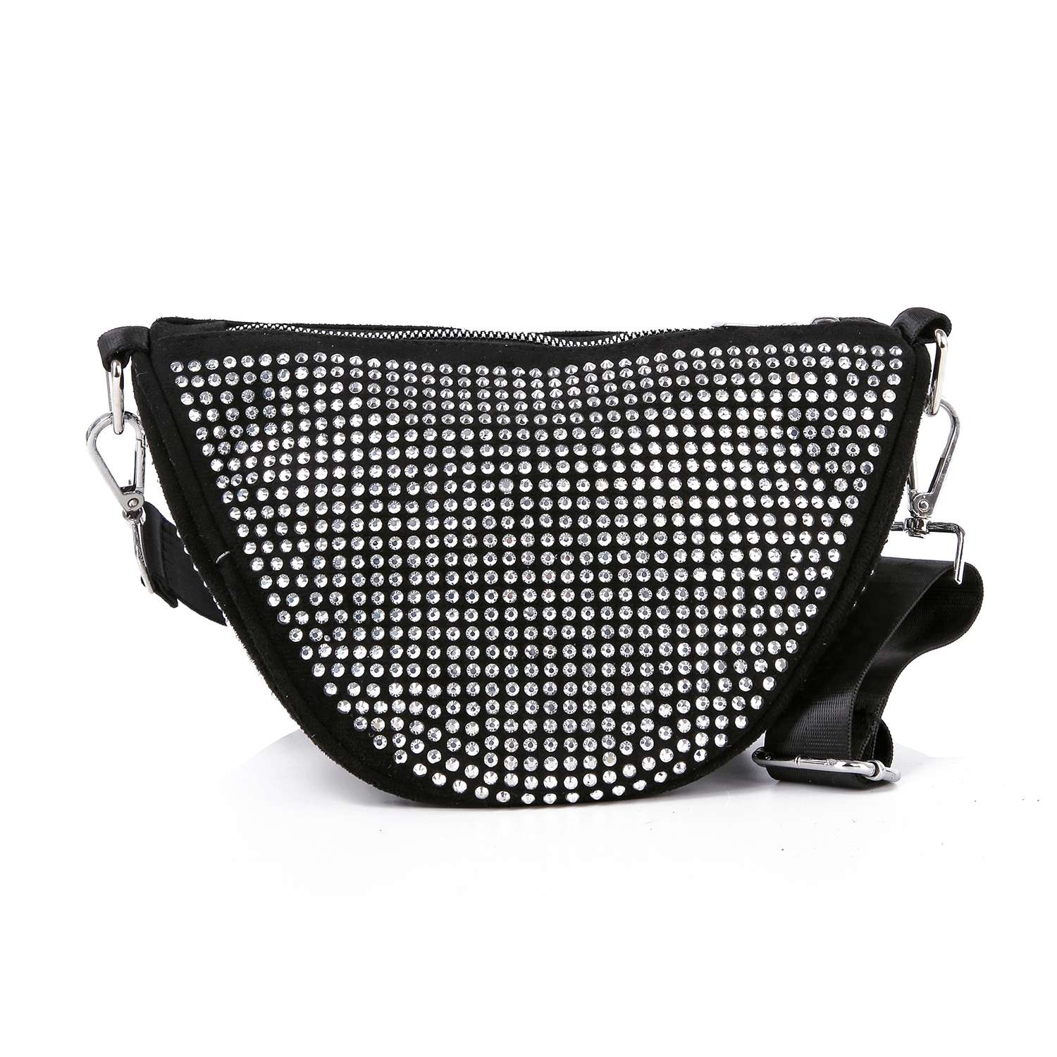 The Sparkling Rhinestone Crossbody Sling is a black faux leather bag with a curved shape, adorned with rows of shiny silver studs on the front and finished with a detachable, adjustable strap and silver hardware.