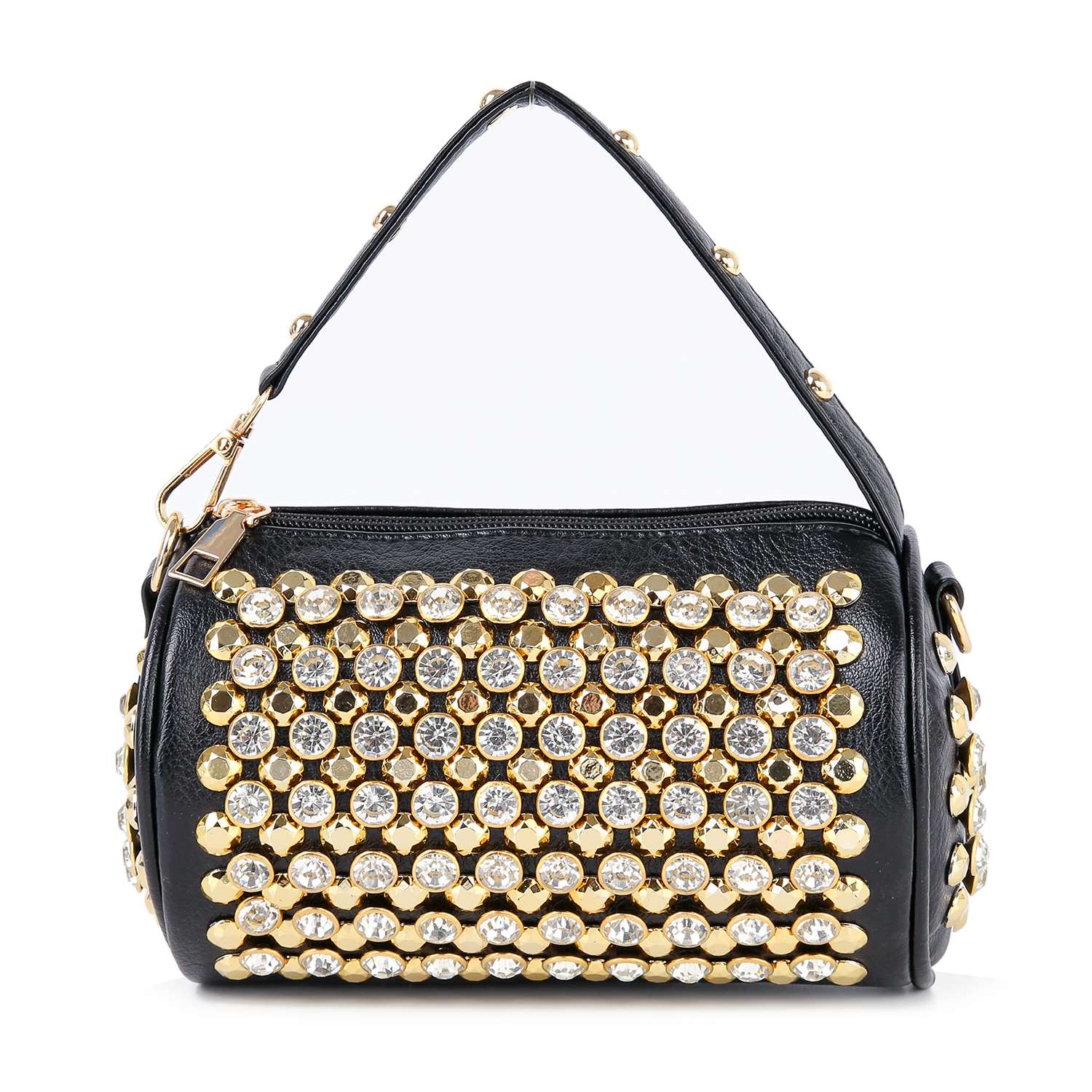 The Studded Rhinestone Barrel Bag is a small black faux leather handbag with a short handle, decorated with large gold studs and clear rhinestones. It features a zipper closure for a glitzy, luxurious look.