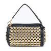 The Studded Rhinestone Barrel Bag is a small black faux leather handbag with a short handle, decorated with large gold studs and clear rhinestones. It features a zipper closure for a glitzy, luxurious look.