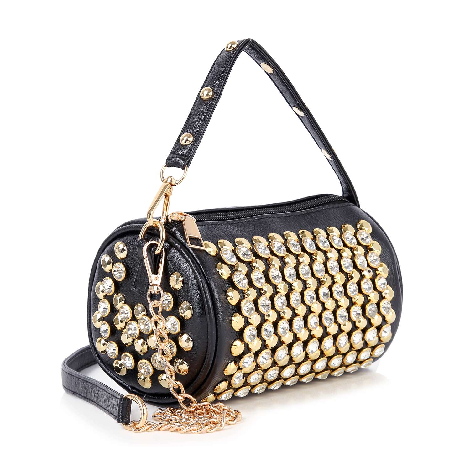 The Studded Rhinestone Barrel Bag is a black faux leather cylindrical handbag with large gold and silver studs, a detachable handle, chain shoulder strap, and gold hardware for versatile crossbody or tote use.
