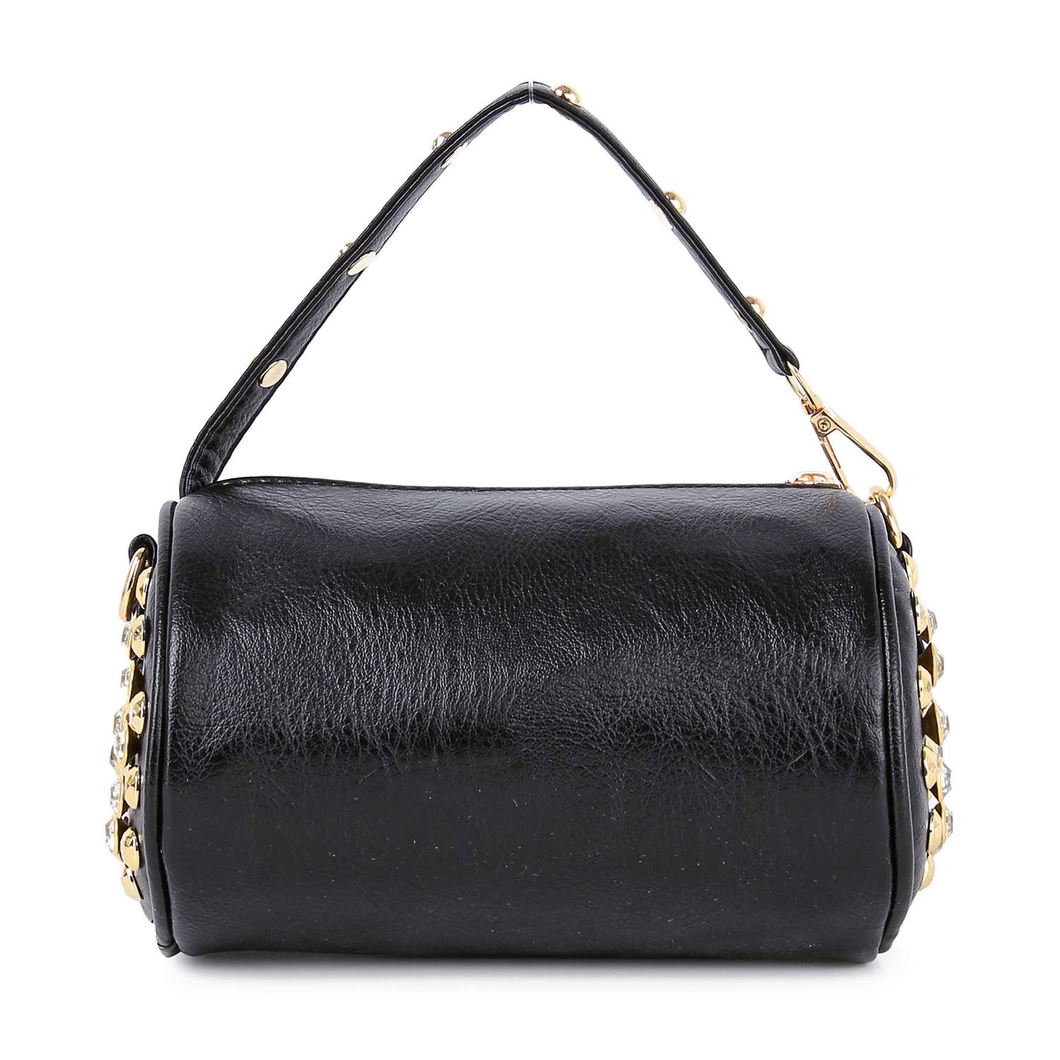 The Studded Rhinestone Barrel Bag is a small black handbag with a textured faux leather surface, gold studs on the handle and sides, and a gold zipper closure. It stands upright against a white background.