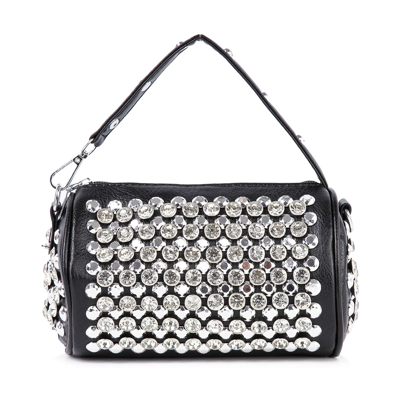 The Studded Rhinestone Barrel Bag is a black faux leather handbag with a short strap, adorned with large round silver studs and rhinestones on the front and sides. It features a rectangular shape and metallic hardware accents.