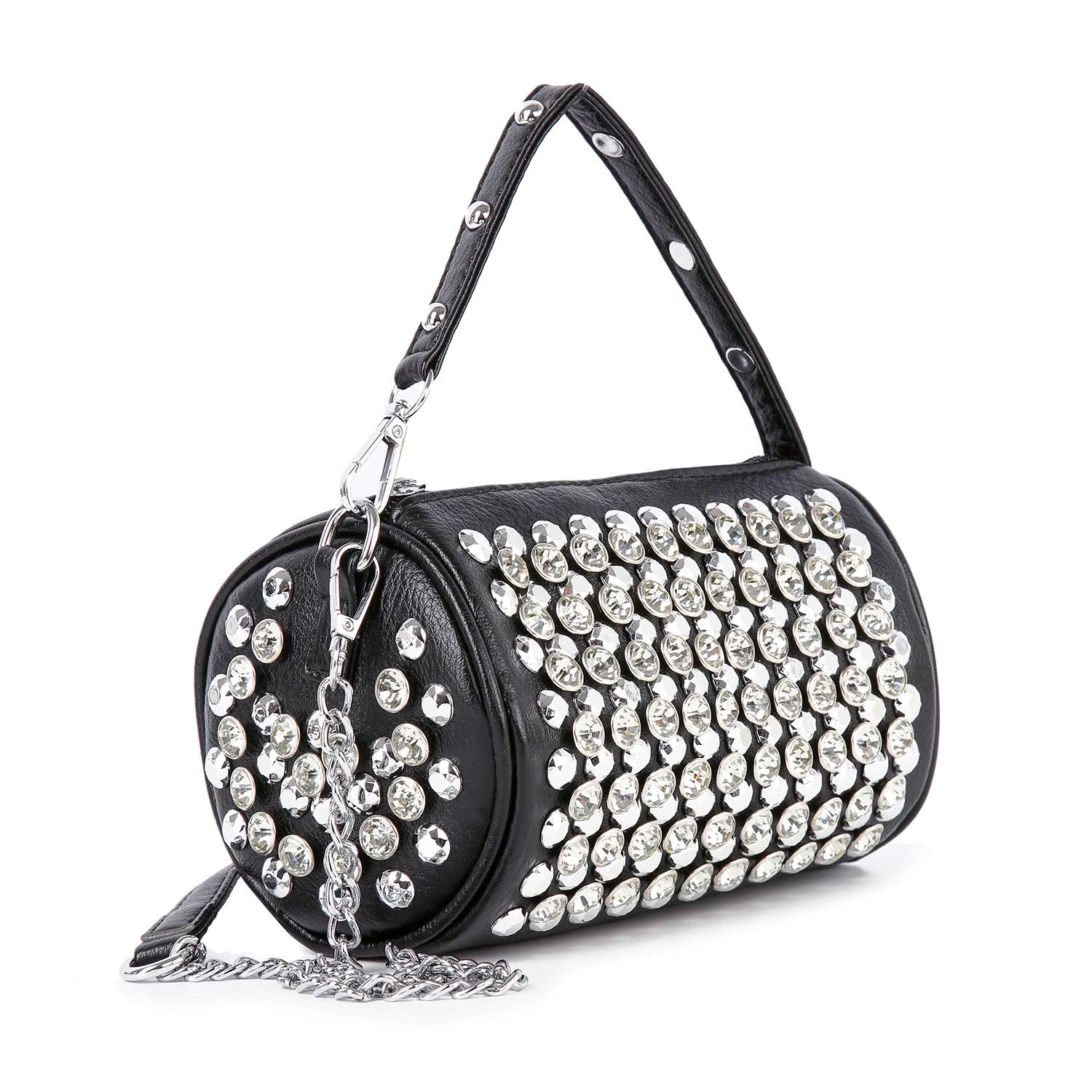 The Studded Rhinestone Barrel Bag is a small black cylindrical faux leather bag with rows of large rhinestones, a short handle with metal eyelets, and a detachable silver chain strap.