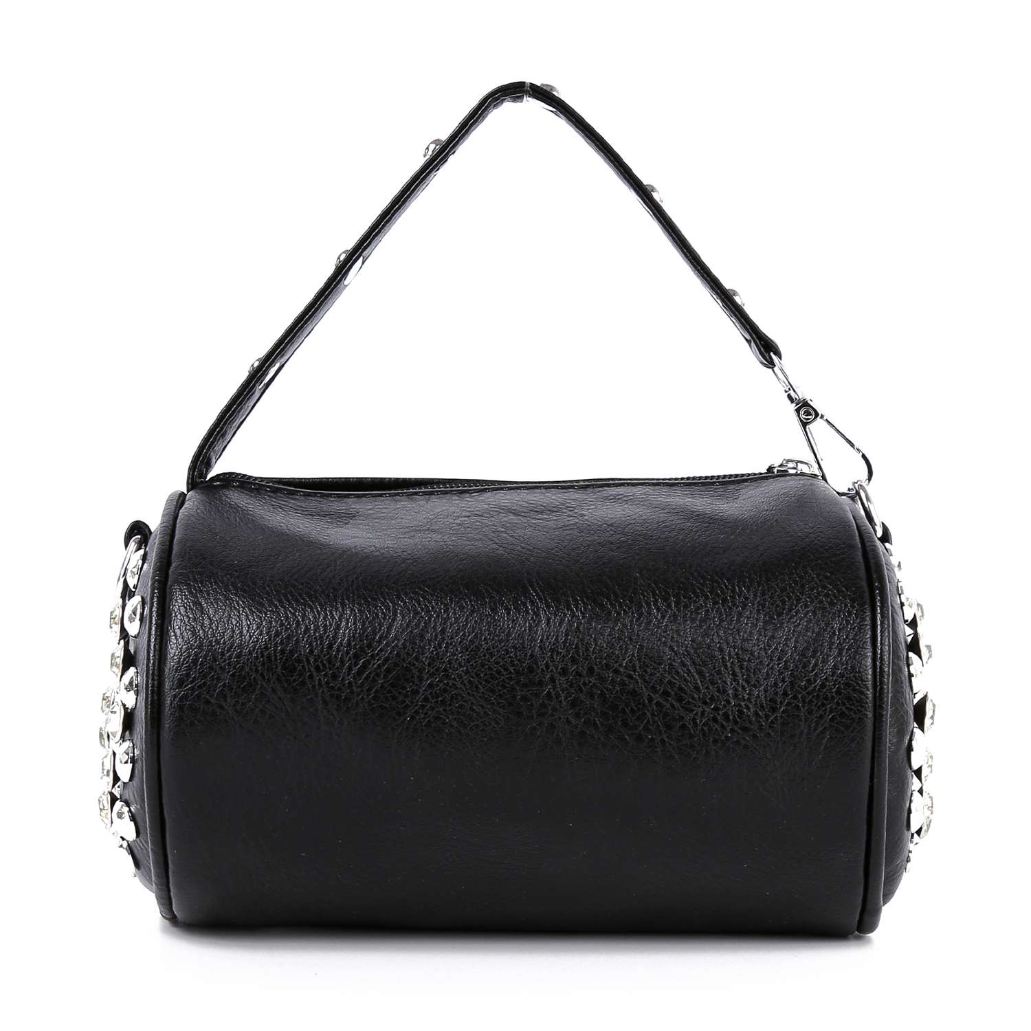The Studded Rhinestone Barrel Bag is a black cylindrical faux leather bag with a short handle and silver studs along the sides, shown against a white background.